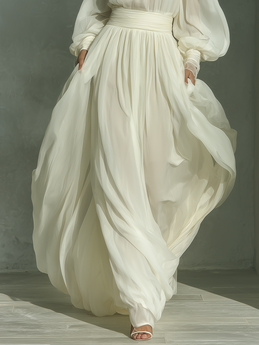 Women's Ivory White Chiffon Off-the-shoulder Long Dress MDZ1417A3T