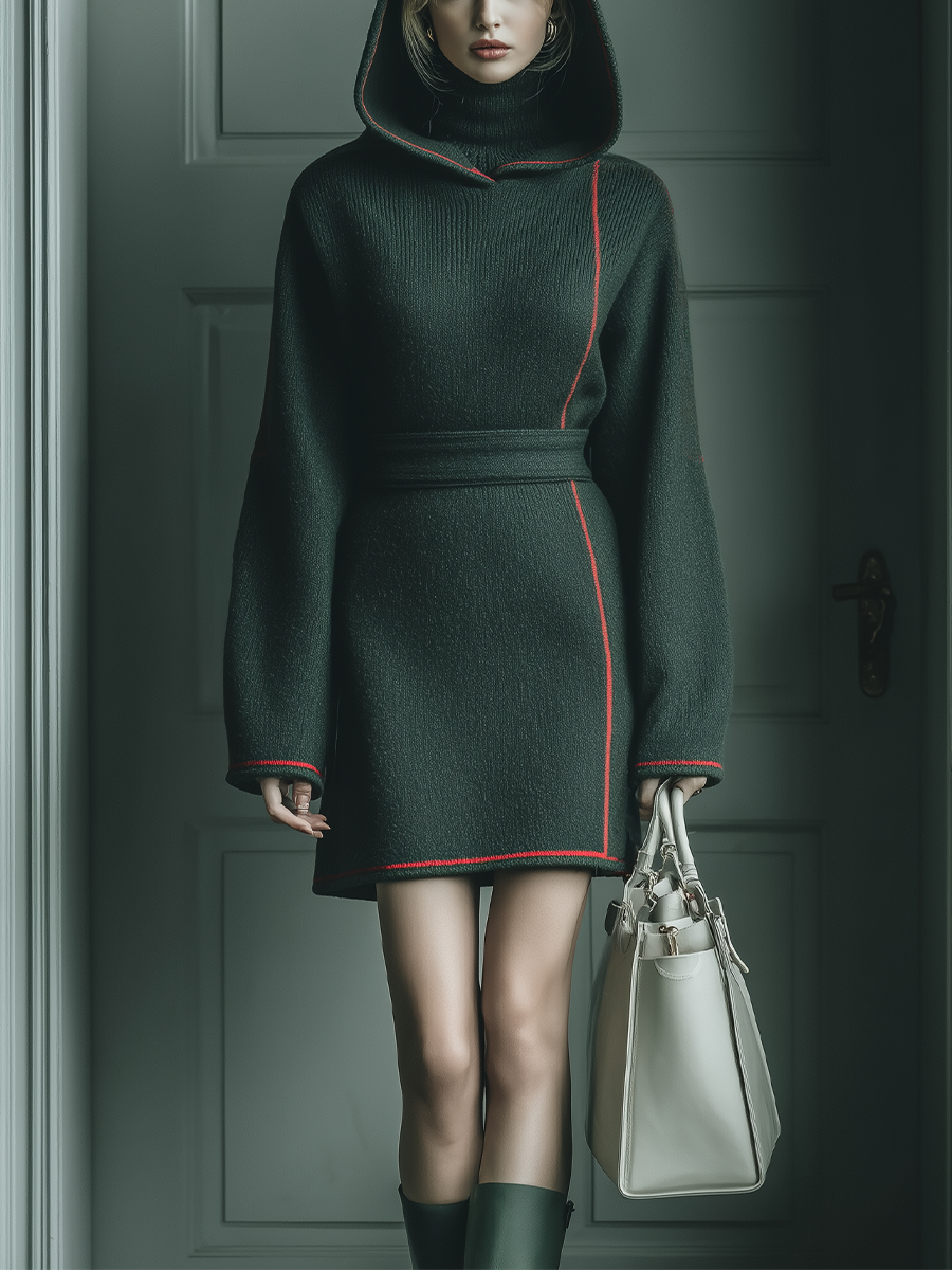Women's Dark Grey Knitted Red Contrast Hooded Mini Dress MDA2074J1T