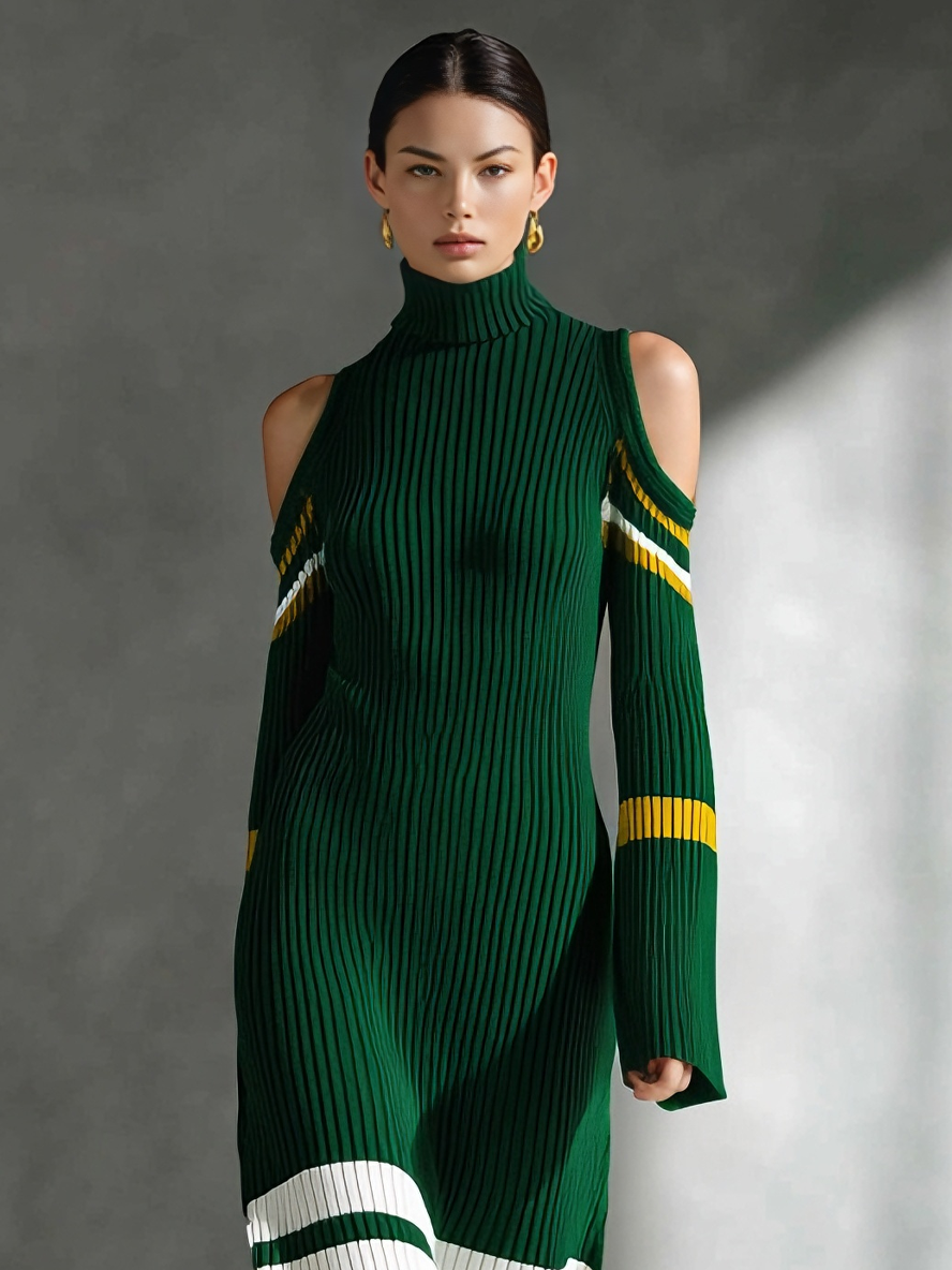 Women's Bold Knit Forest Green Turtleneck Cold-Shoulder Striped Maxi Dress MDA1707L0AU