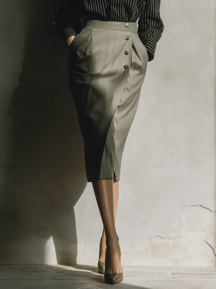 Women's Black Striped Cotton Blend Shirt And Gray Pencil Skirt Set MDA1791L4T