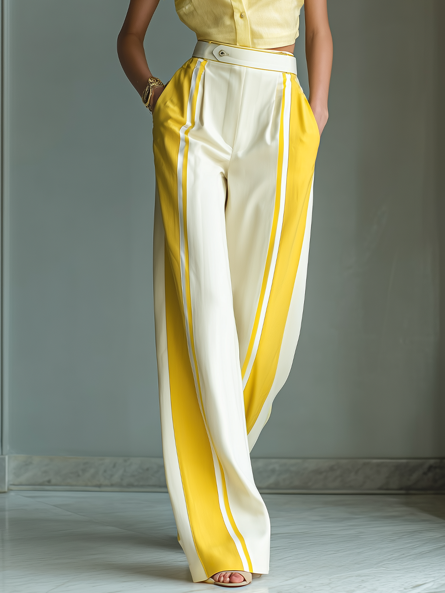 Women's Yellow Cropped Shirt & White Wide-Leg Pants Two-Piece Set With Contrast Stripes MDZ1134B1T