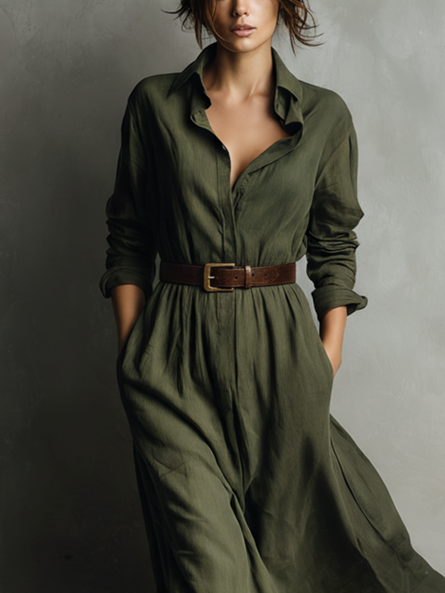 Women's Olive Green Cotton And Linen Blend Collared Long Dress With A Tie Waist MDA0877L8T
