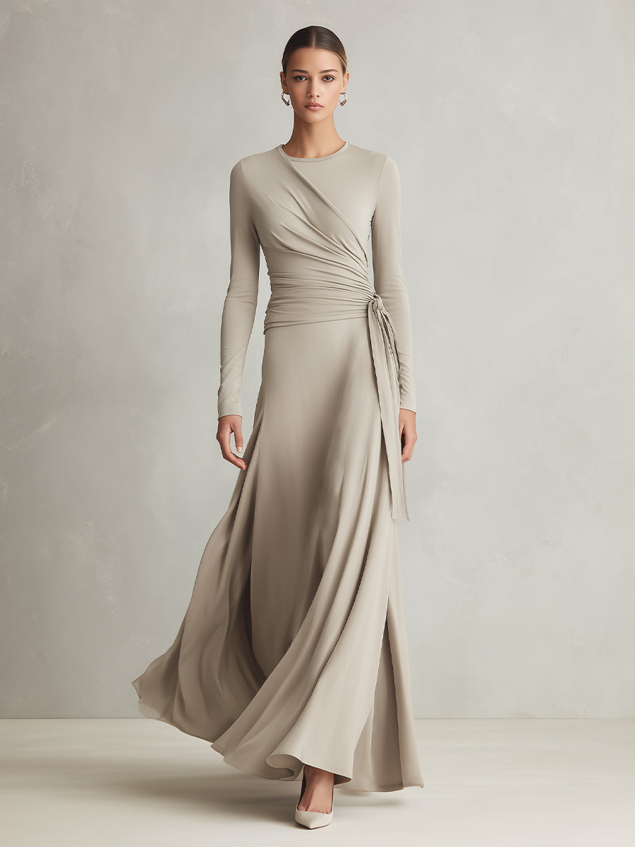 Women's Light Beige Flowing Gown With Crew Neck & Cinched Detail, Sophisticated Formal Style Maxi Dress MDA1502L1I