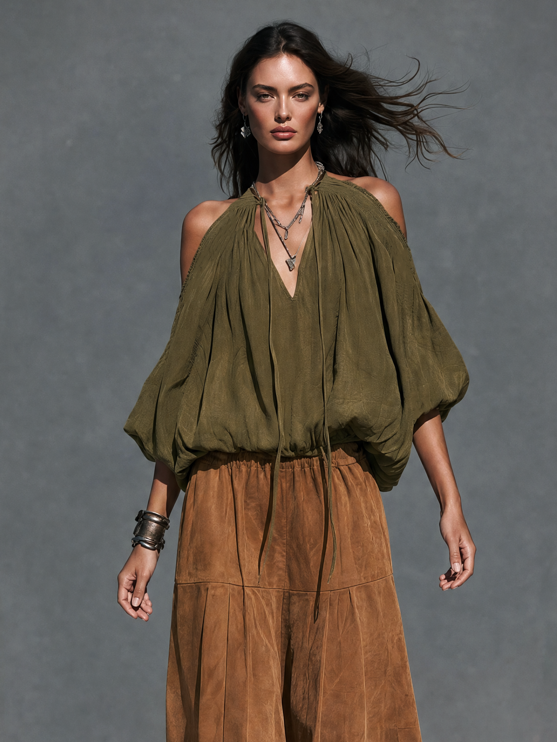 Women's Casual Olive Green Woven Top And A Brown Eco-Suede Skirt Two-Piece Set MDZ0130I7LXY
