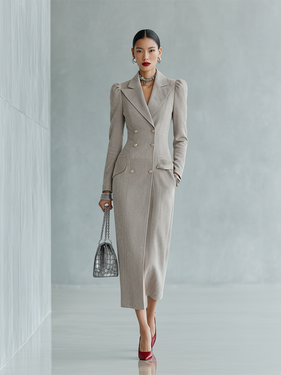 Women's Light Grey Elegant Suede - Like Double - Breasted Puff - Sleeve Maxi Coat MDA1819I8I