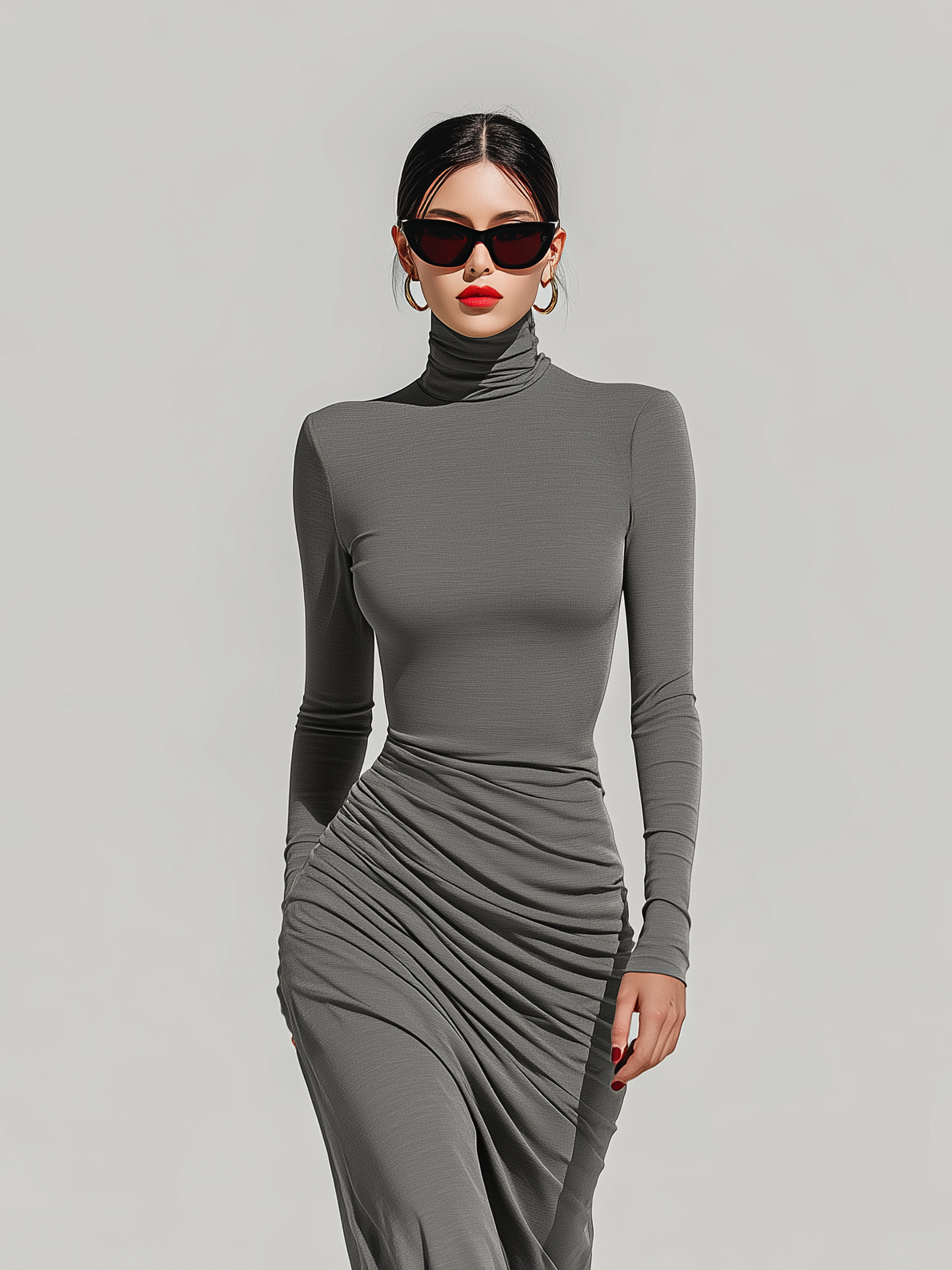 Women's Fashionable, Elegant, And Versatile Gray Turtleneck Long-sleeved Stretch Slim-fit Maxi Dress MDA2545K0AN