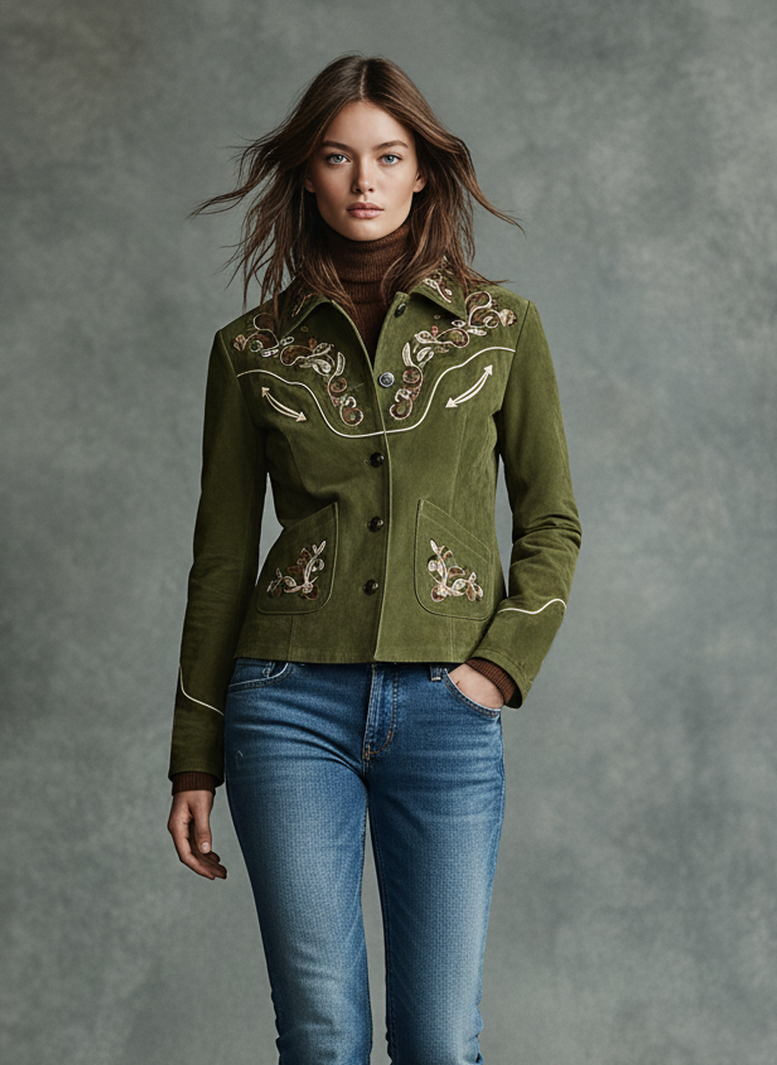 Women's Faux Suede Embroidered Single-breasted Short Jacket MDA3018J9Y