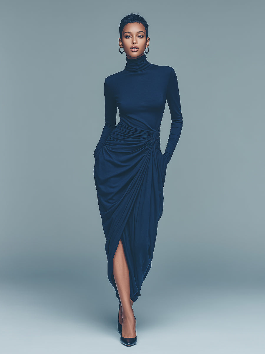 Women's Navy Elegant Jersey Turtleneck Draped Side - Slit Midi Dress MDA1639J2I