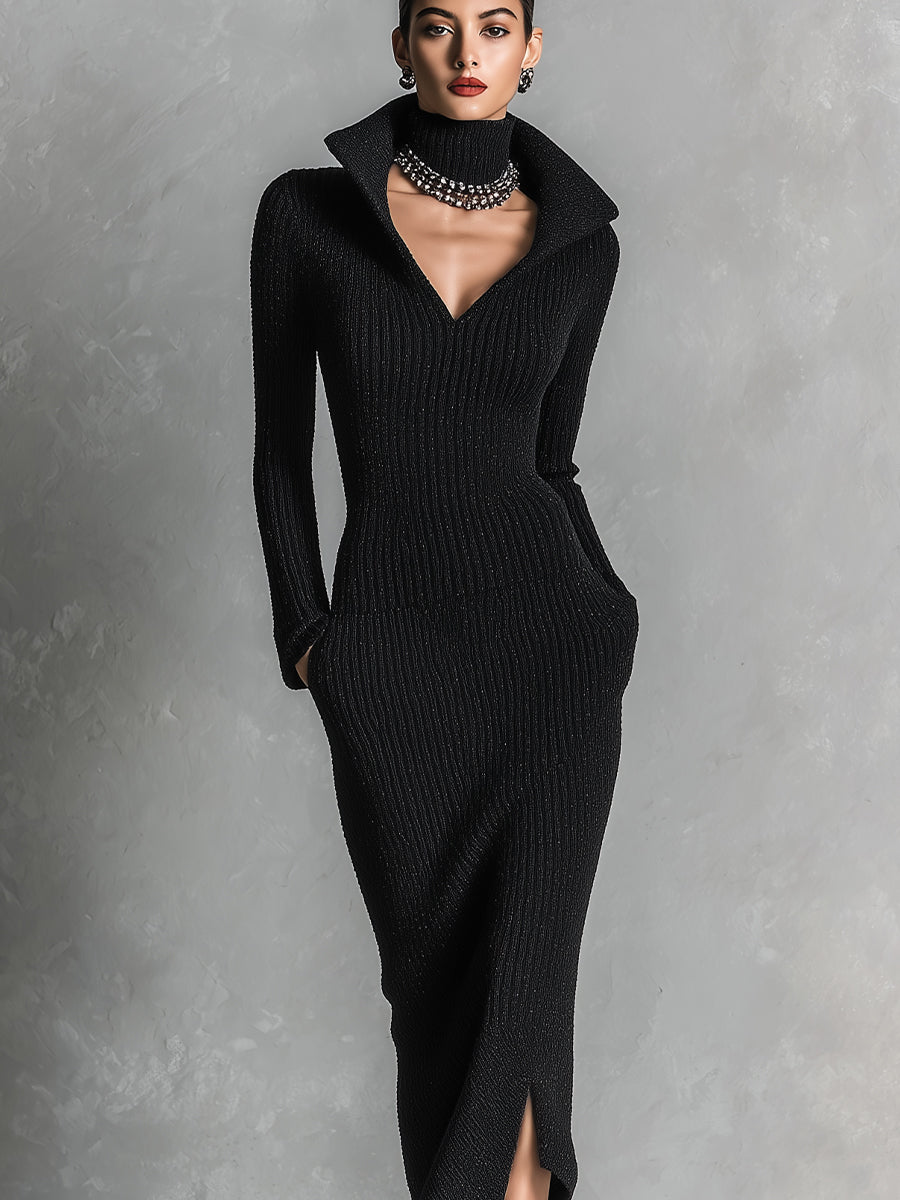 Women's Black Elegant Ribbed Knit Shawl - Collar Side - Slit Midi Sweater Dress MDA3014I9I