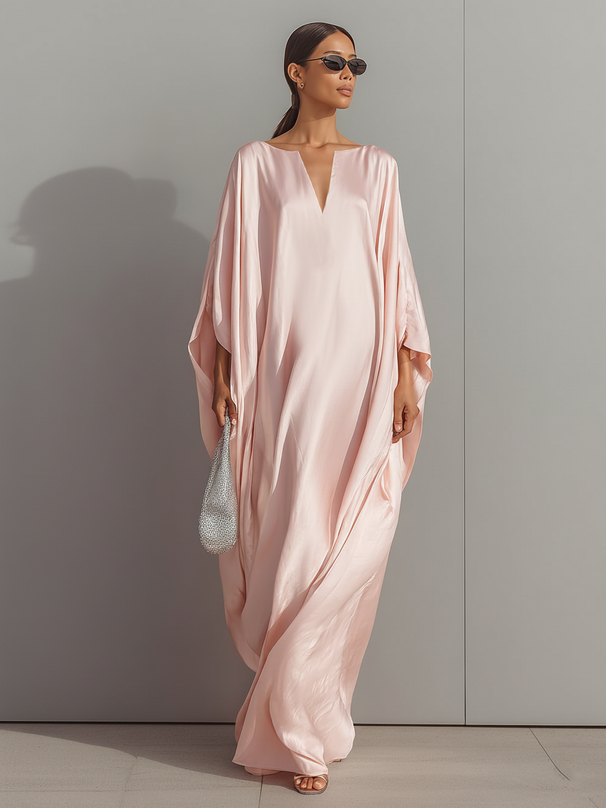 Women's Minimalist Loose-fitting Satin Batwing Sleeve Maxi Dress MDA1943L0Y