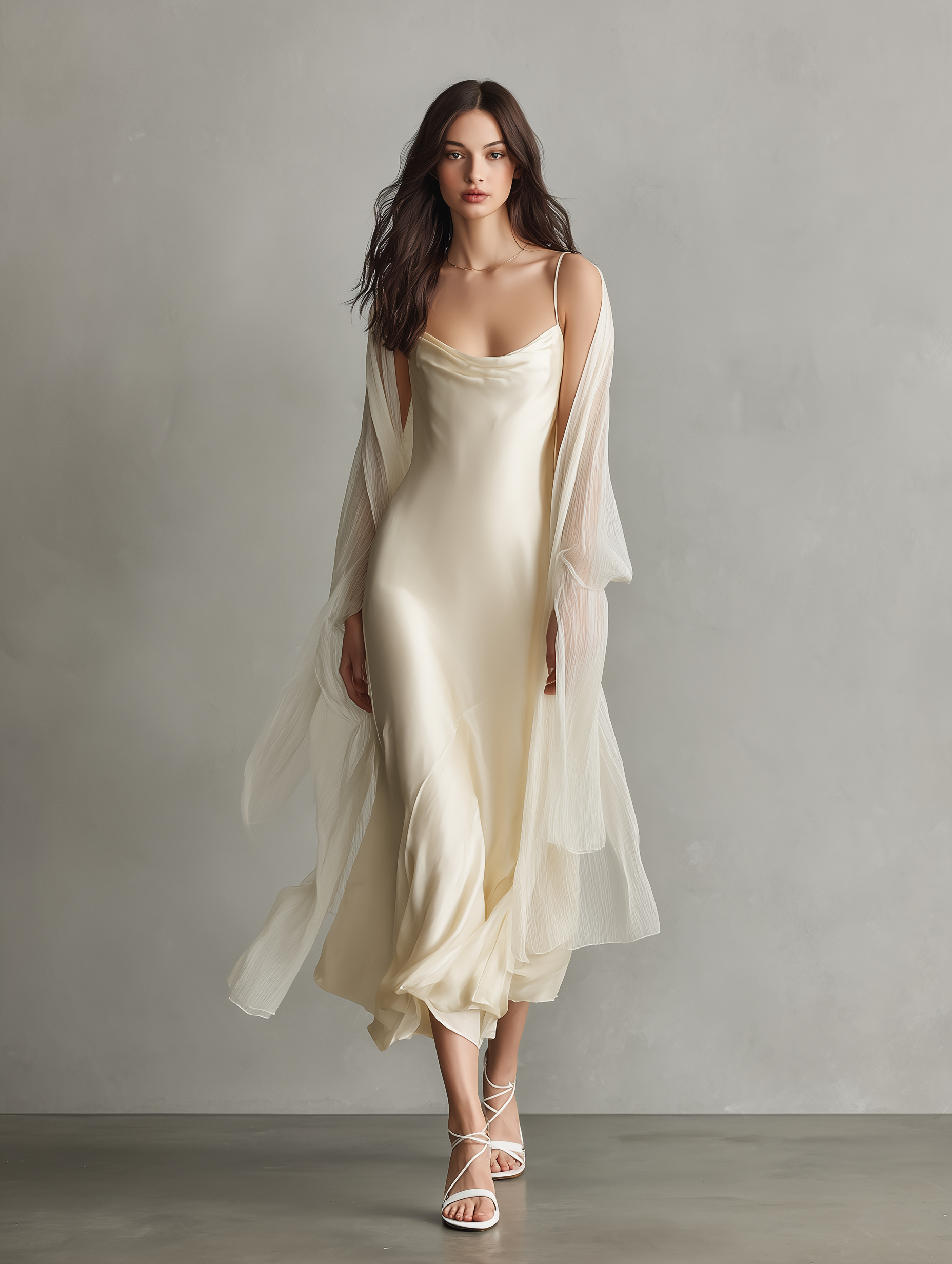 Women's Elegant Beige Satin Sleeveless Maxi Dress With Chiffon Cardigan Set MDZ2677B3AN