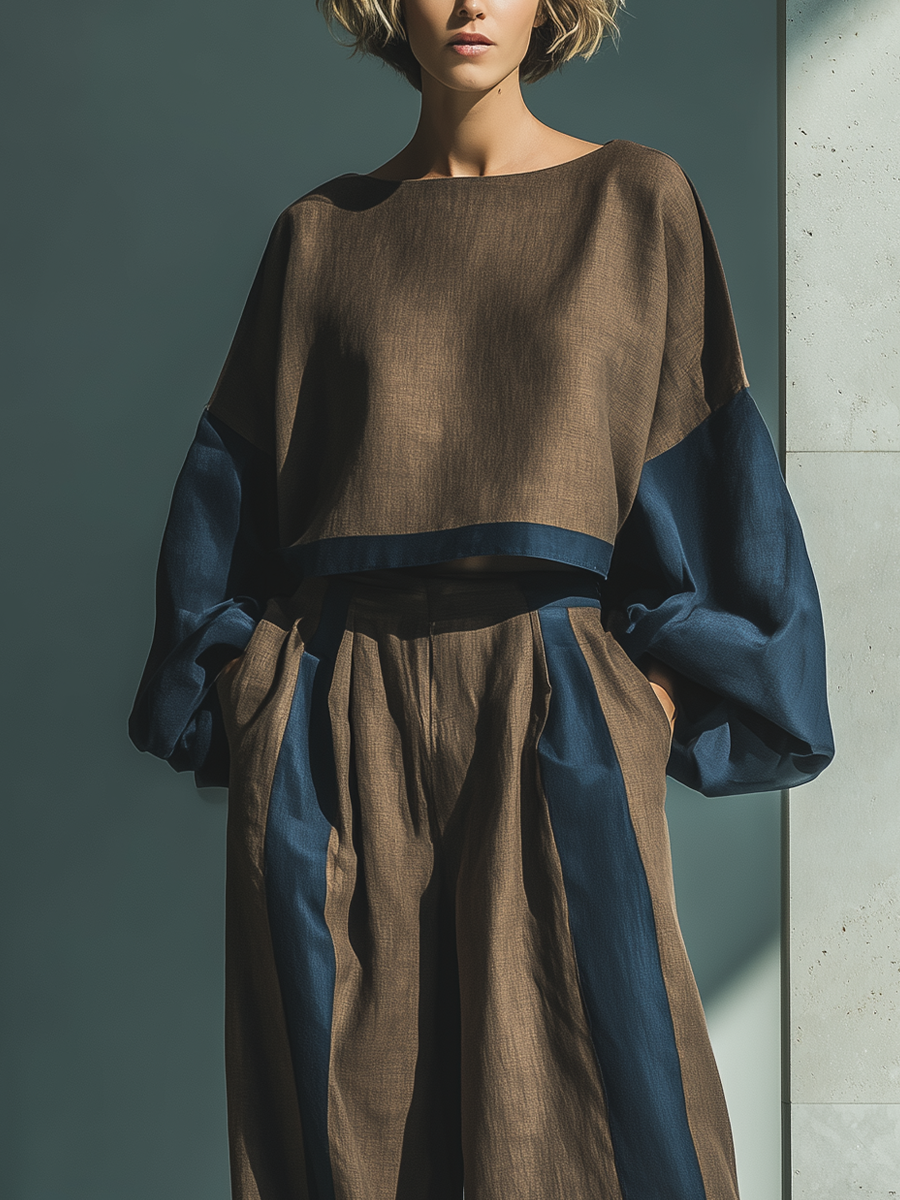 Women's Brown & Navy Linen-Blend Two-Piece Set With Balloon Sleeves & Wide-Leg Trousers MDZ0306C3T