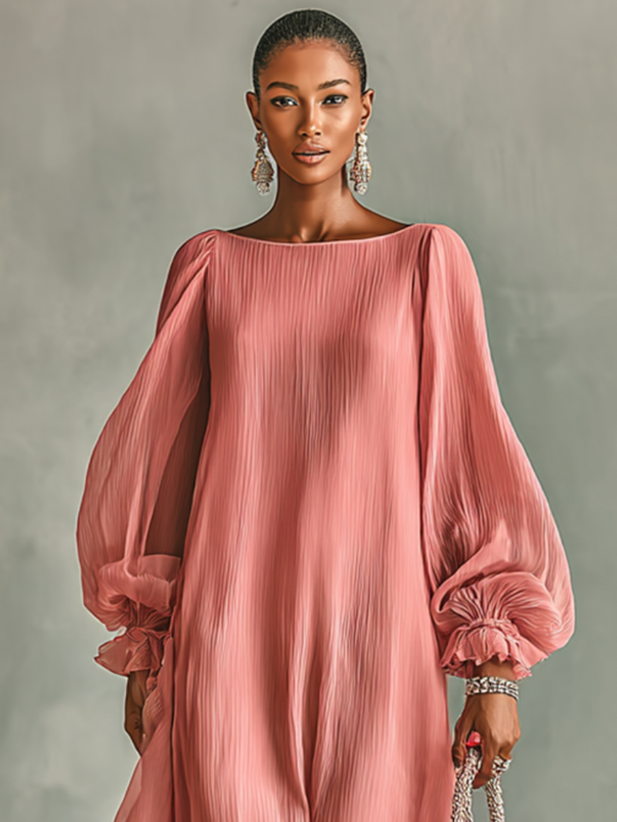 Women's Pleated Chiffon Round Neck Long Sleeve Loose Maxi Dress MDA1458G6Y