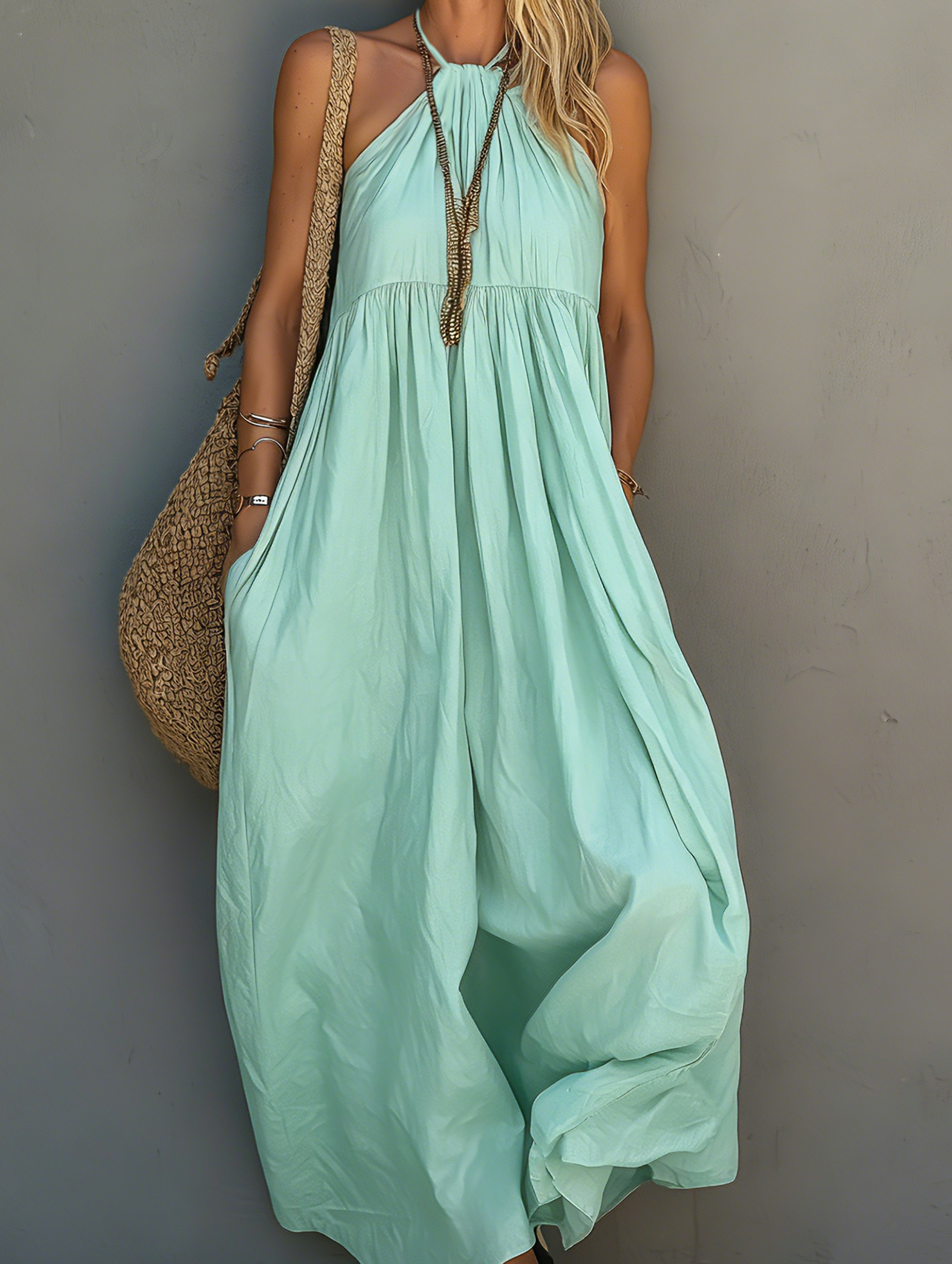 Women's Casual Woven Halter-Neck Sleeveless Jumpsuit In Mint Green MDZ0802E5LXY