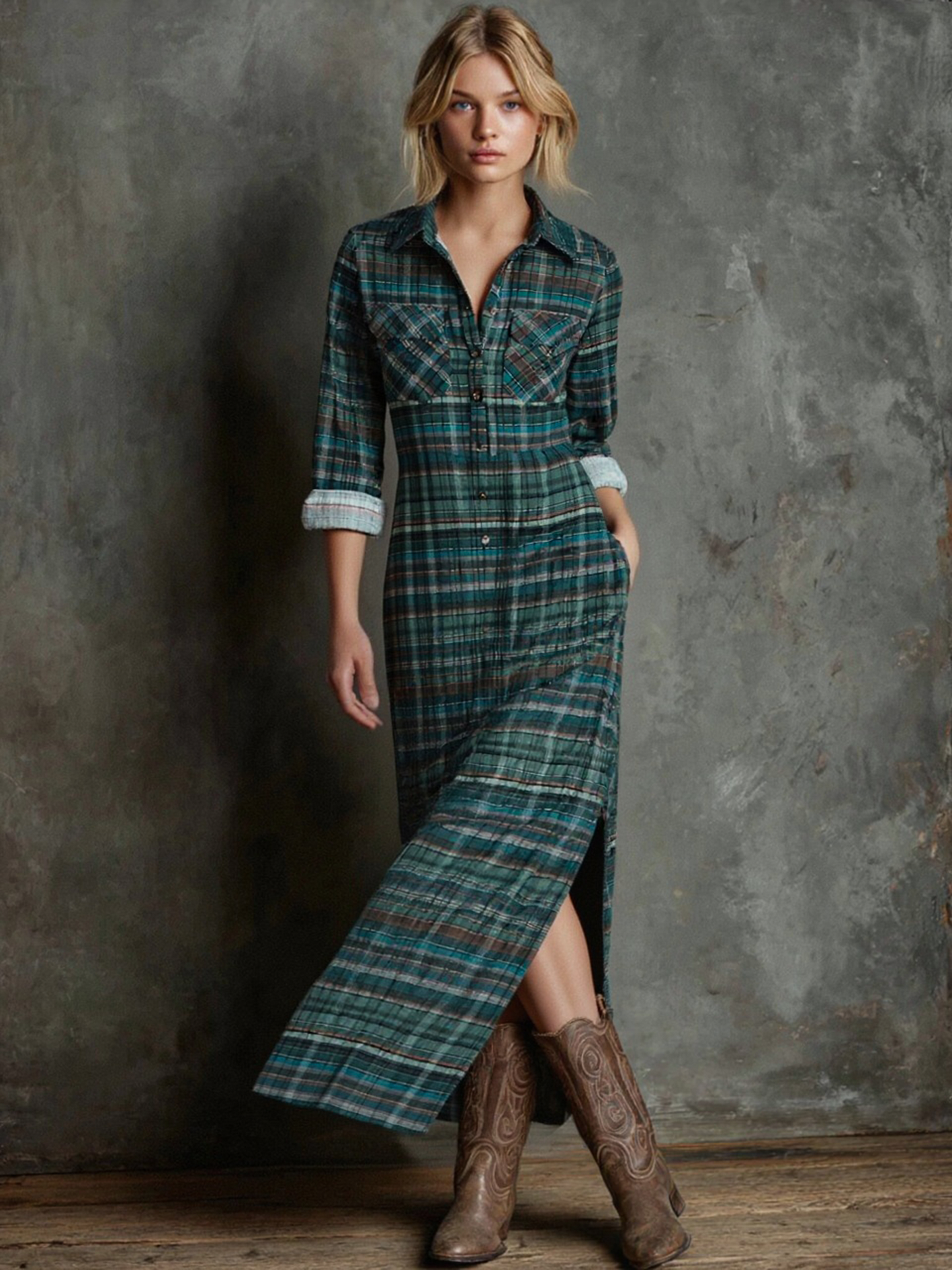 Women's Printed Plaid Lapel Single-Breasted Shirt Maxi Dress MDA1249H1Y