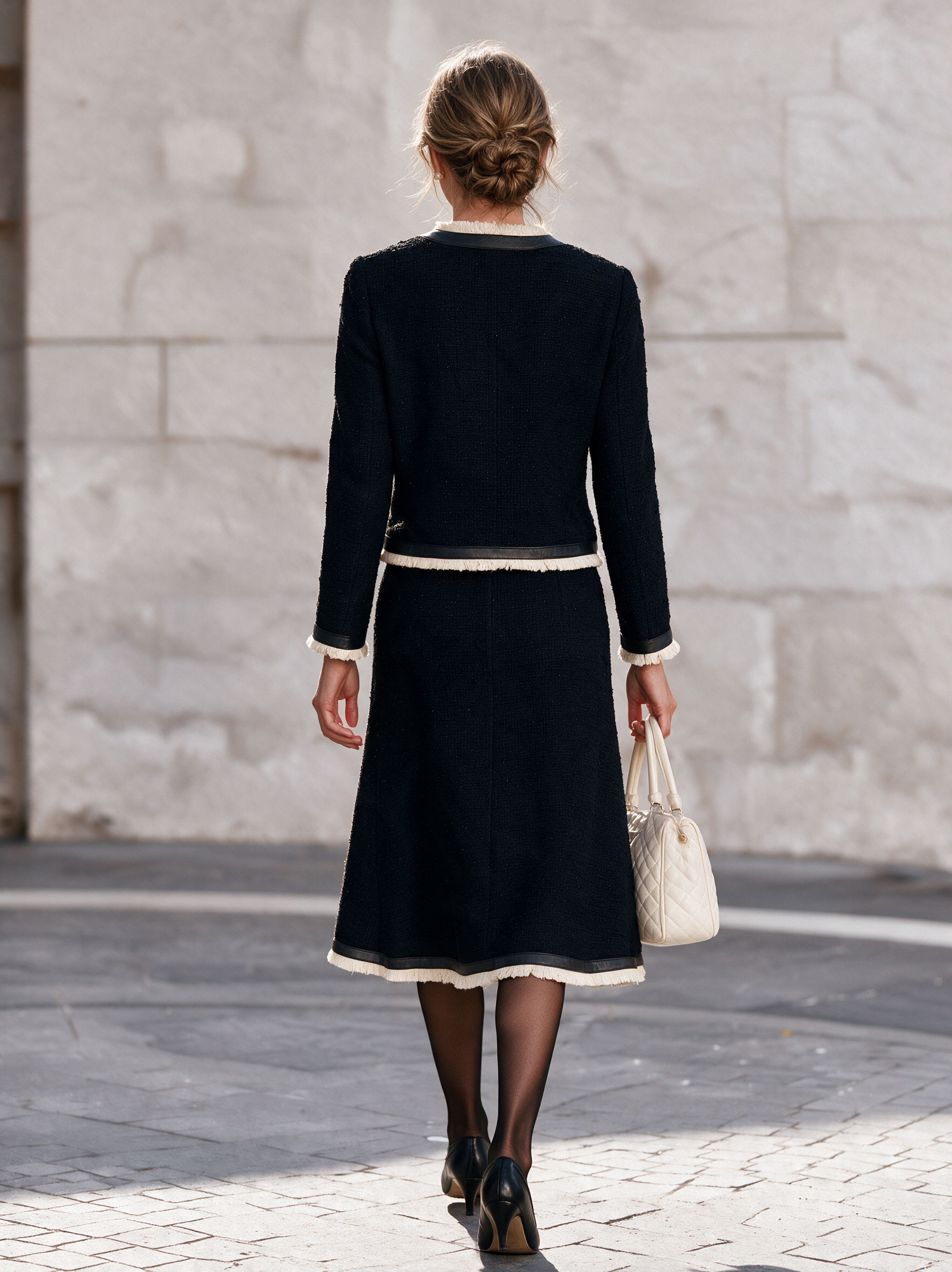Women’s Elegant Tweed Set With Leather Trim And Frayed Edges