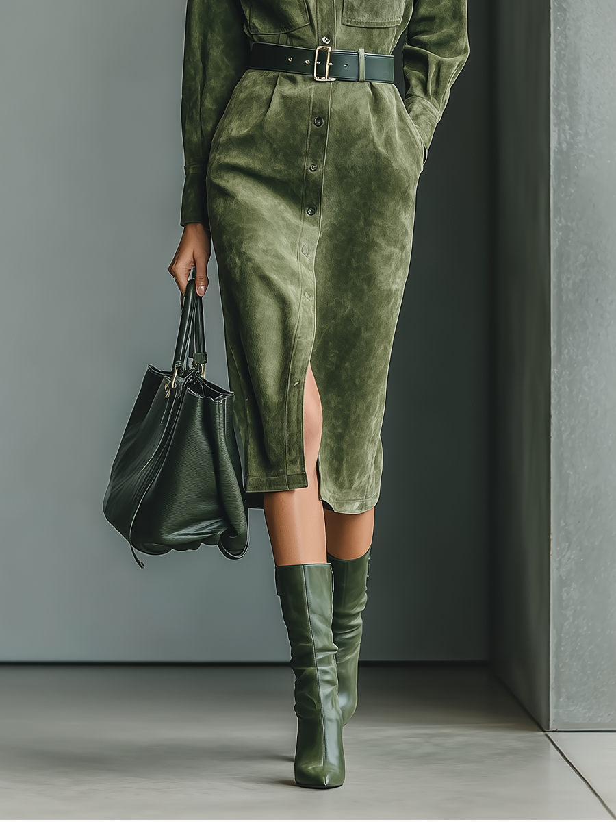 Women's Olive Green Suede Shirt Dress Midi Dress MDA0331I7T