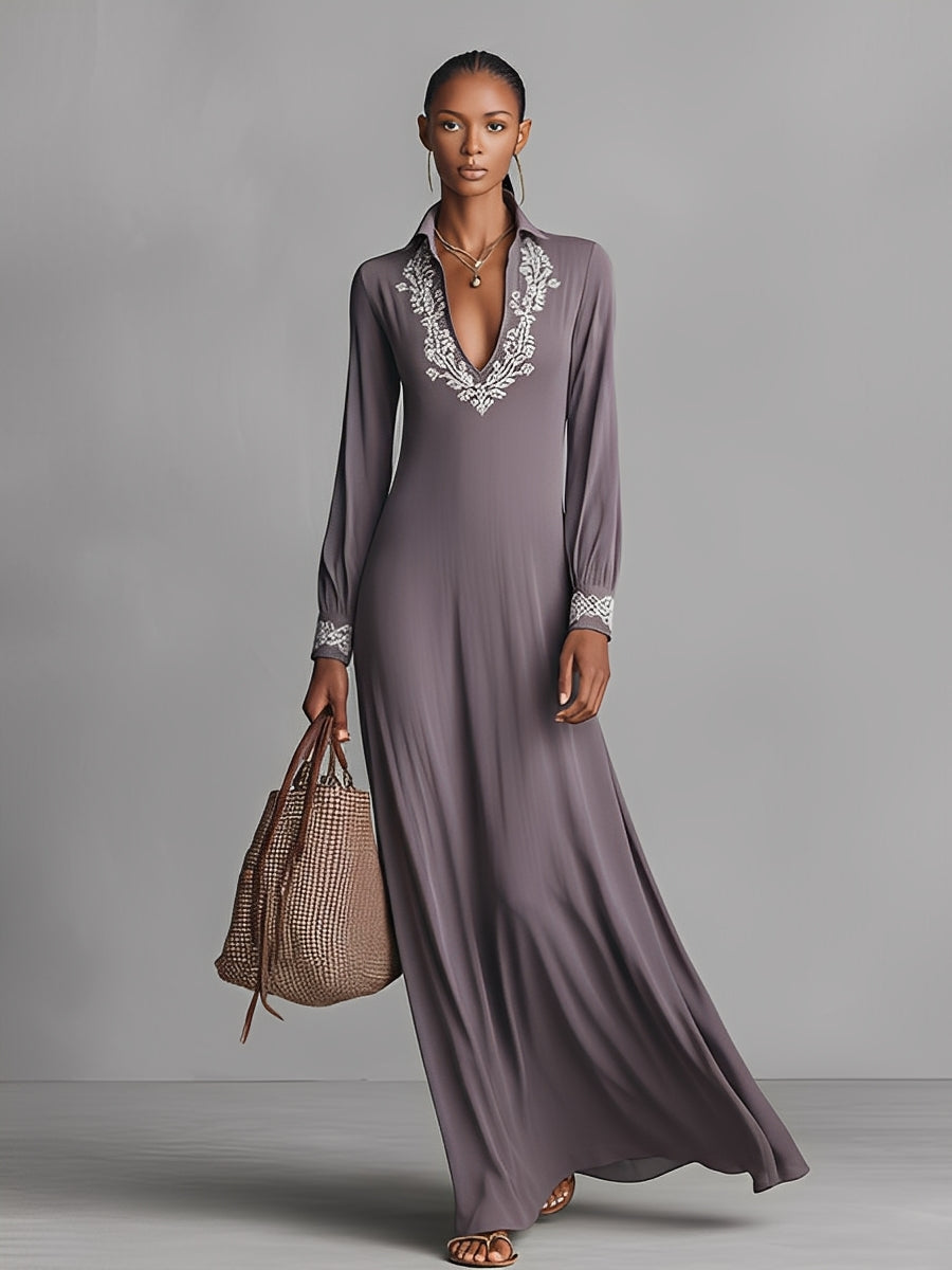 Women's Grey Polyester-Cotton Blend Elegant Embroidered Collared Maxi Dress MDA0589K3I