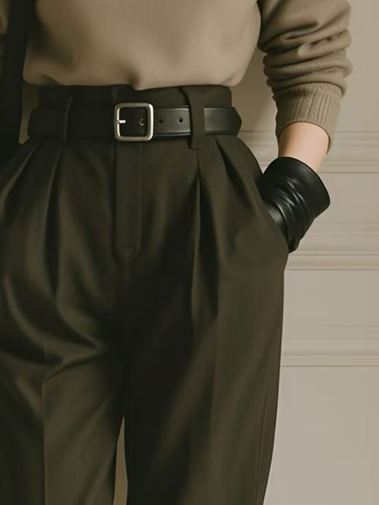 A Woman's Elegant Khaki Collared Sweater Paired With Dark Green High-waisted Jogger Pants Suit. MDA0588K7AN