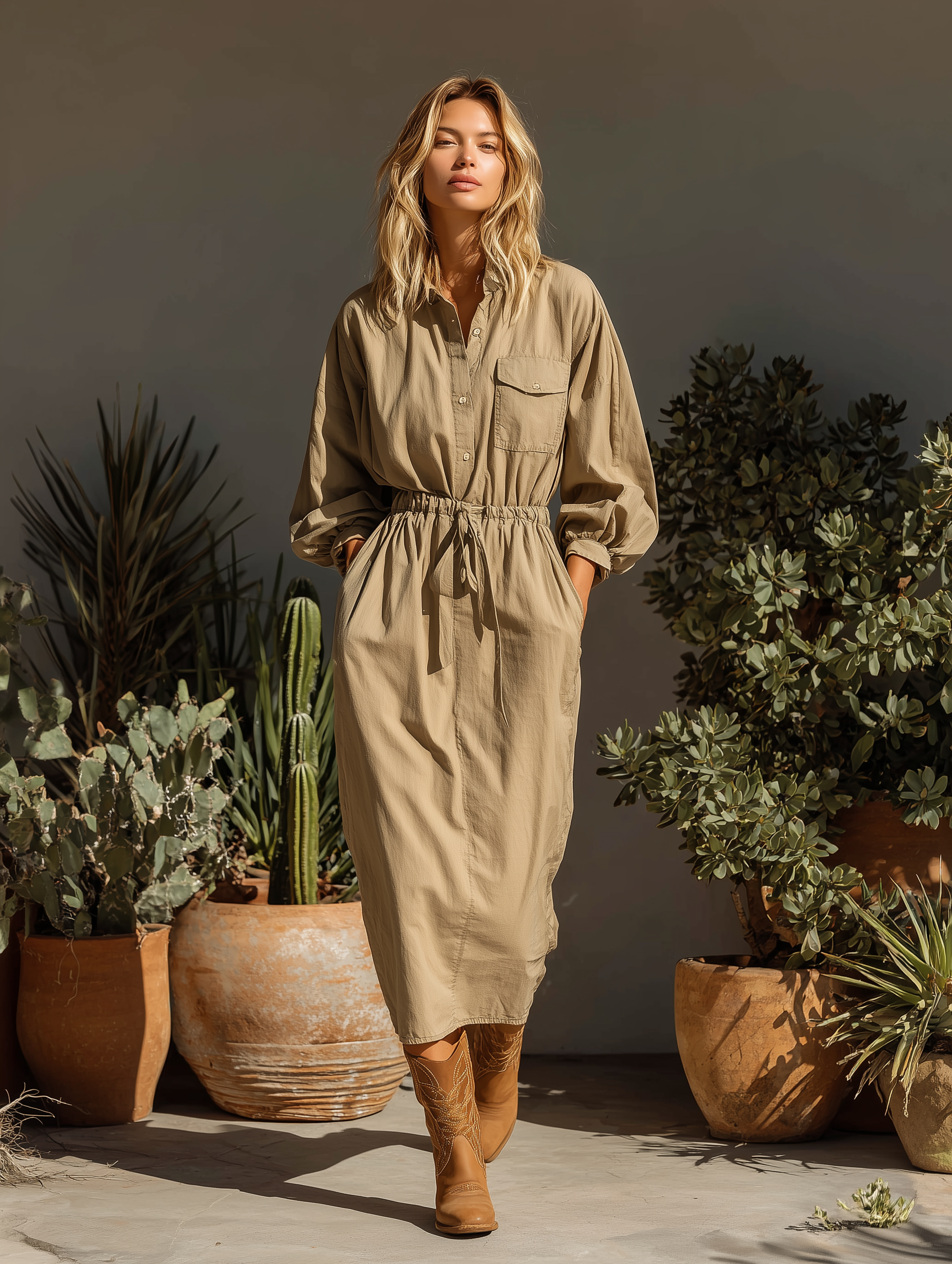 Women's Fashionable, Casual, And Versatile Khaki Midi Dress With Gathered Waist And Shirt Collar, Long Sleeves MDA2694K7AN