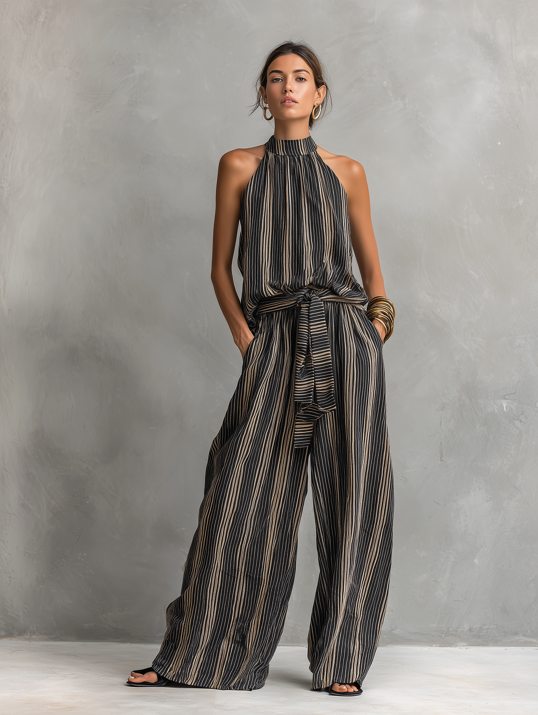 Women's Elegant Striped Printed Woven Round Neck Sleeveless Top Paired With Trousers Set MDZ2706B5AN