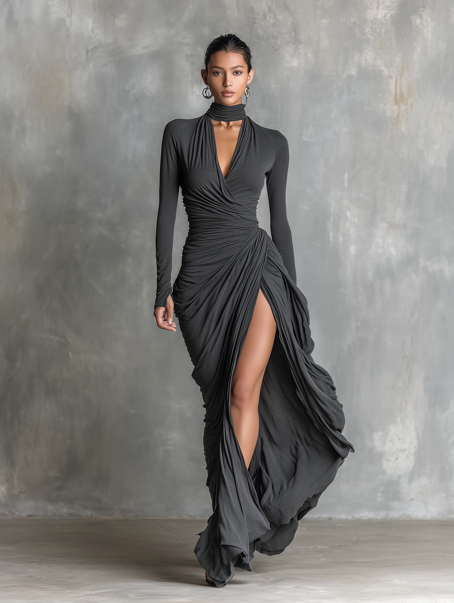 Women's Fashionable And Elegant Dark Gray V-neck Knitted Stretch Slim Fit Long Sleeve Side Slit Maxi Dress MDA2955K4AN