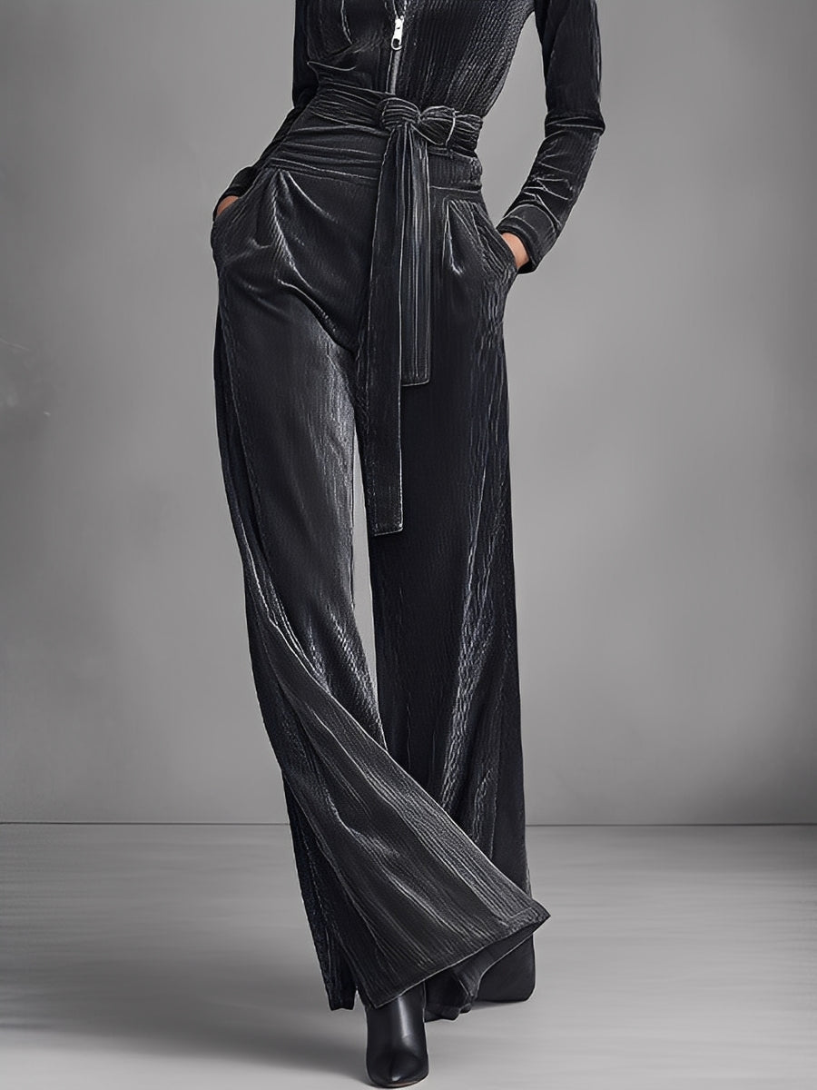 Women's Black Velvet Jumpsuit With Sleek Silhouette & Long Sleeves, Sophisticated Evening-Party Style Jumpsuit MDA2411L8I