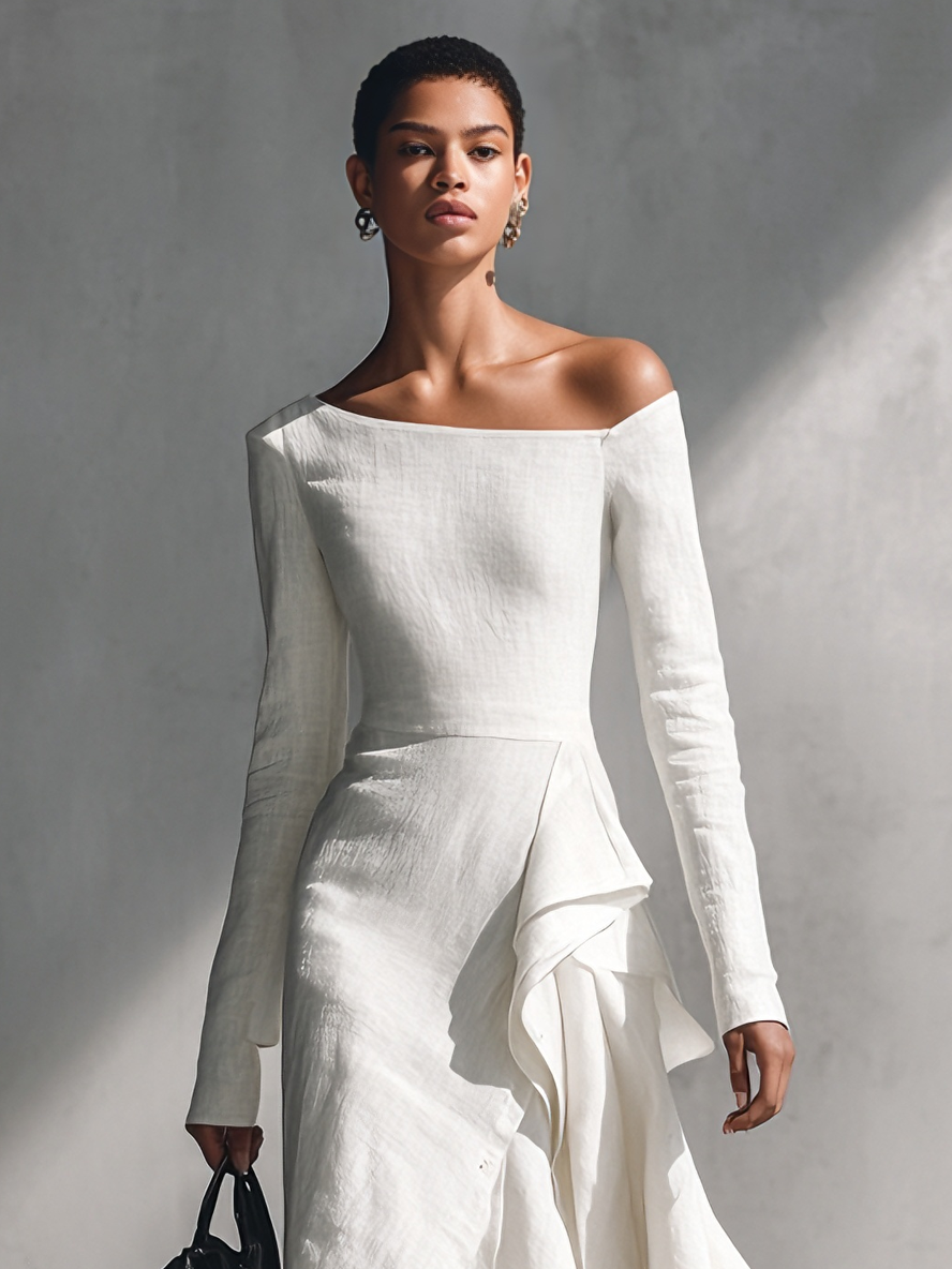 Women's Elegant Cotton-Linen Blend White Off-Shoulder Asymmetric Ruffle Maxi Dress MDA1563L5AU