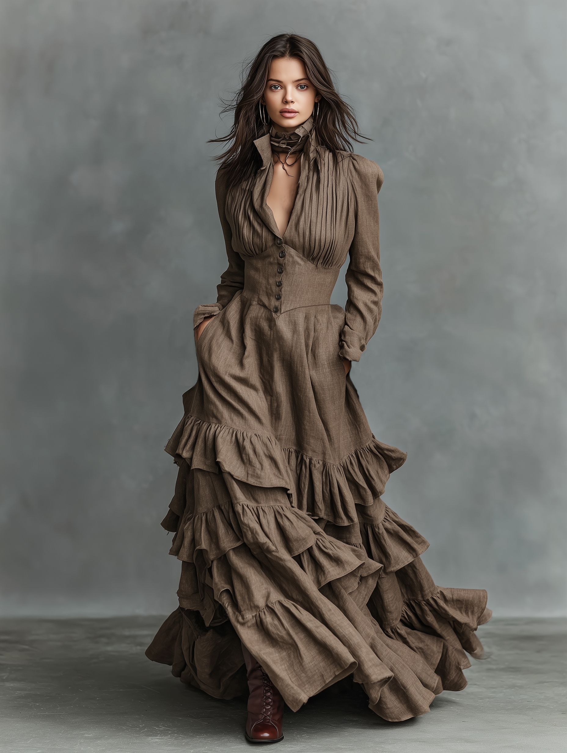 Women's Cotton And Linen Waisted Maxi Dress With Multi-layered Ruffled Hem MDA2742K0Y