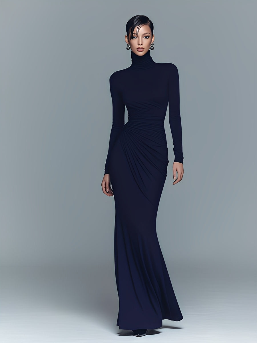 Women's Navy Elegant Stretch Polyester-Cotton Blend Turtleneck Draped Maxi Dress MDA1742J1I