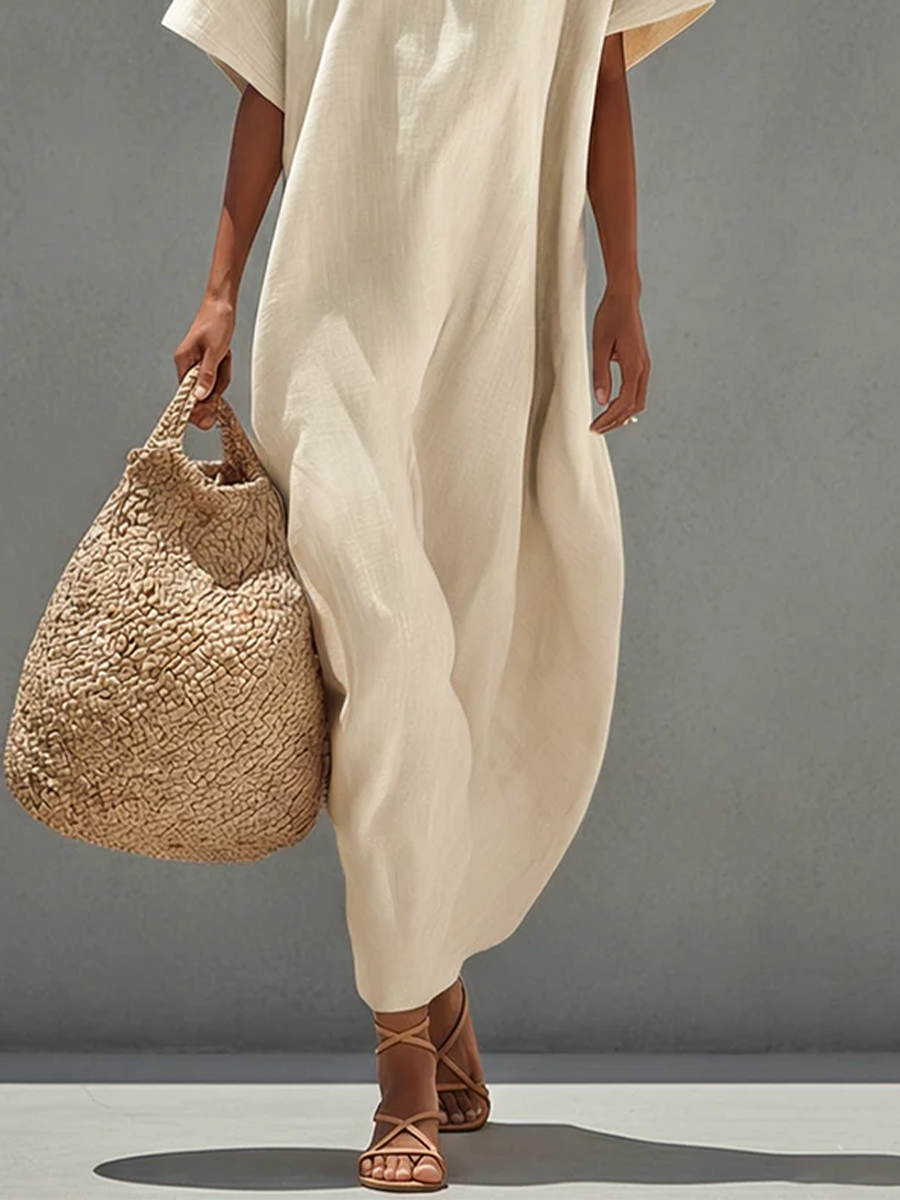 Women's White Cotton Dress With Relaxed Fit & Minimalist Design, Timeless Resort-Casual Style Dress MDZ0528B5I