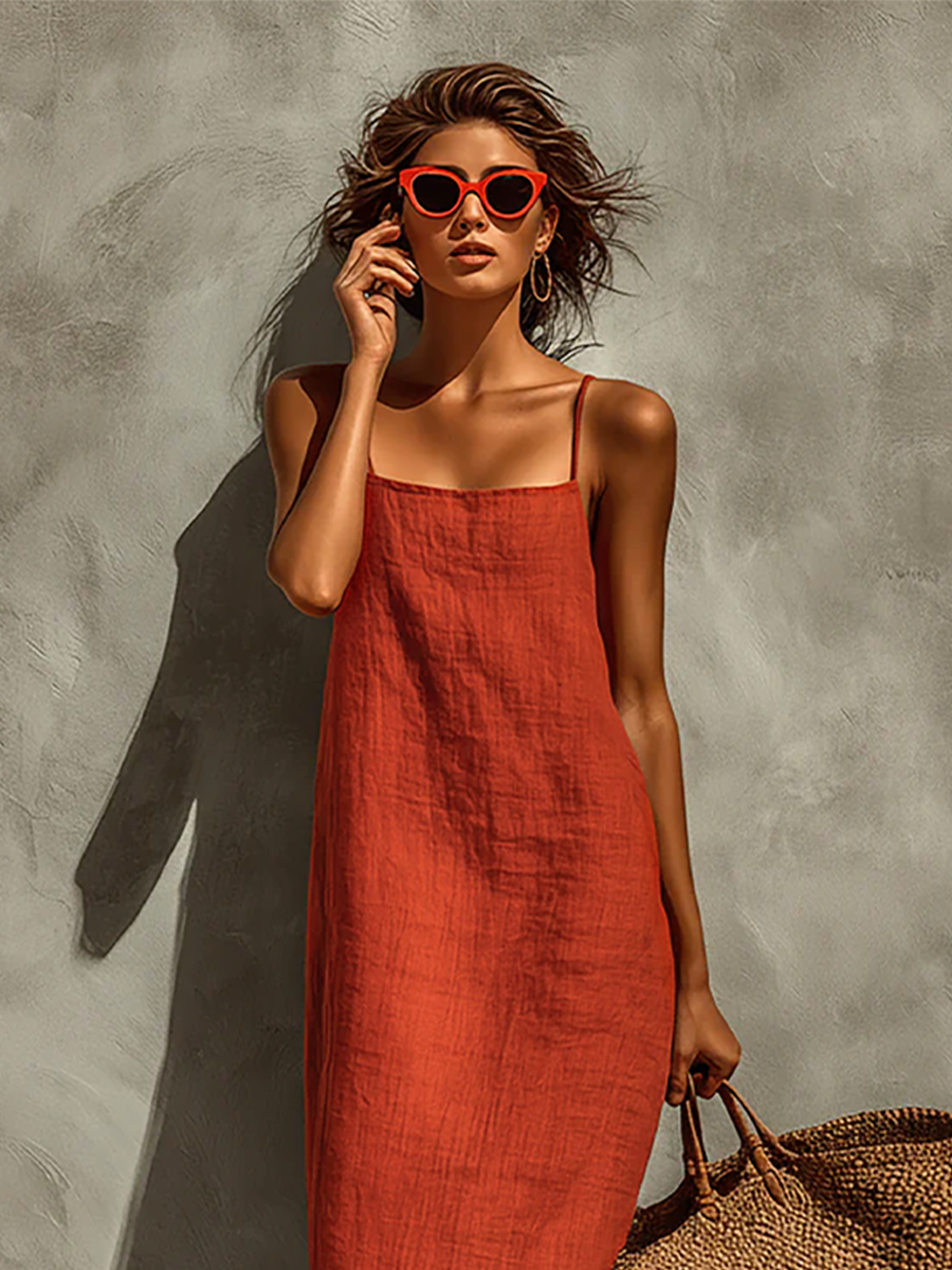 Women's Red Cotton Dress With Spaghetti Straps & Square Neck, Timeless –  Modesees