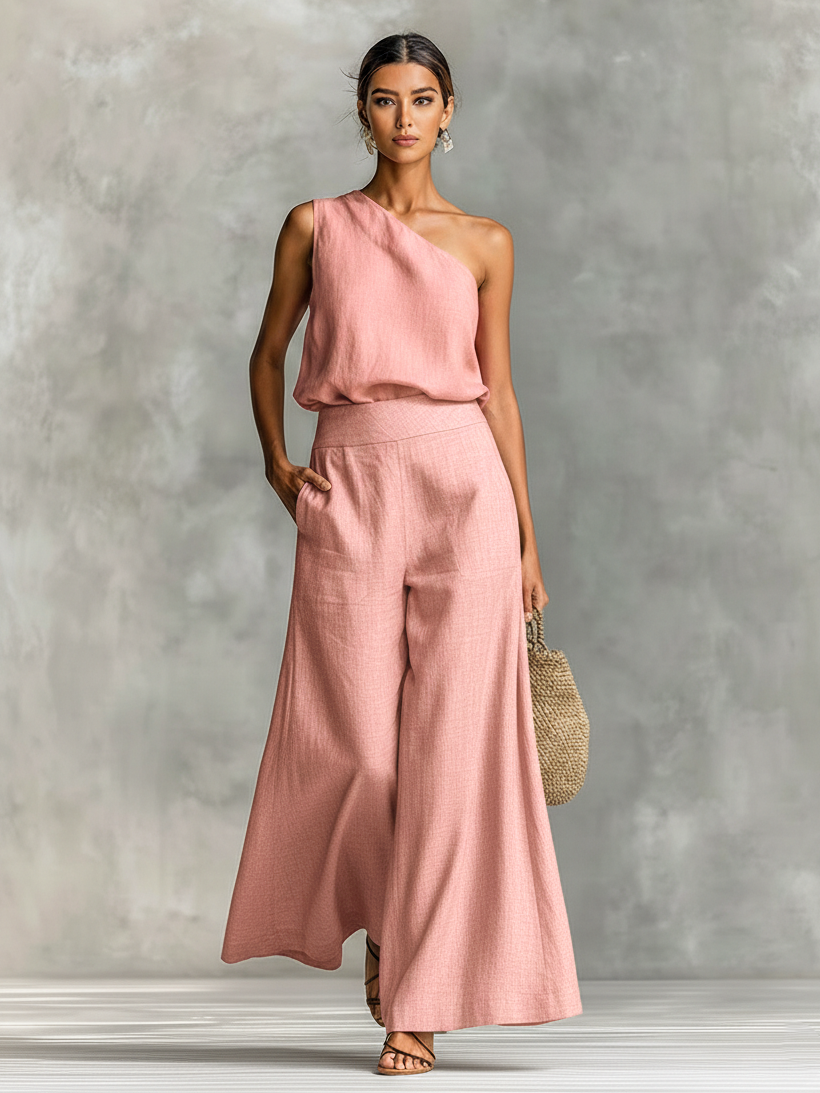 Women's Minimalist Linen Blend One-shoulder Blouse And Wide-leg Pants Set MDZ0377B4Y