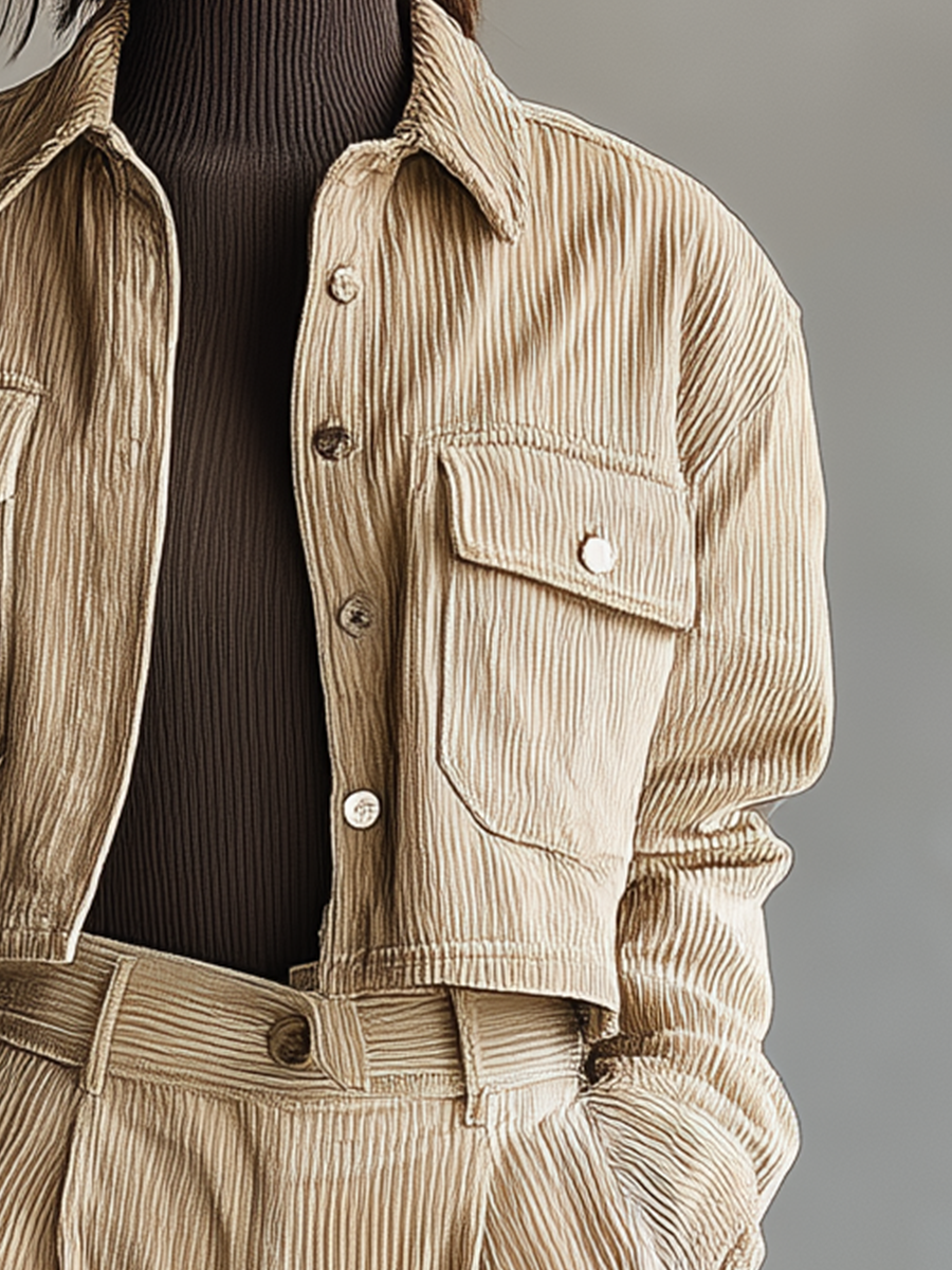 Women's Khaki Corduroy Cropped Jacket MDA0340I3T