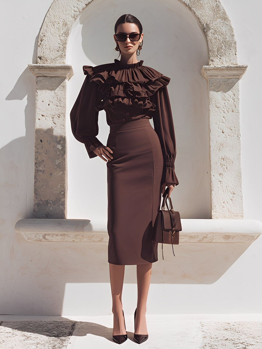 Women's Rich Chocolate Woven Set With Ruffled High-Neck Blouse & Pencil Skirt, Timeless Polished-Chic Style Set MDA1960L2I