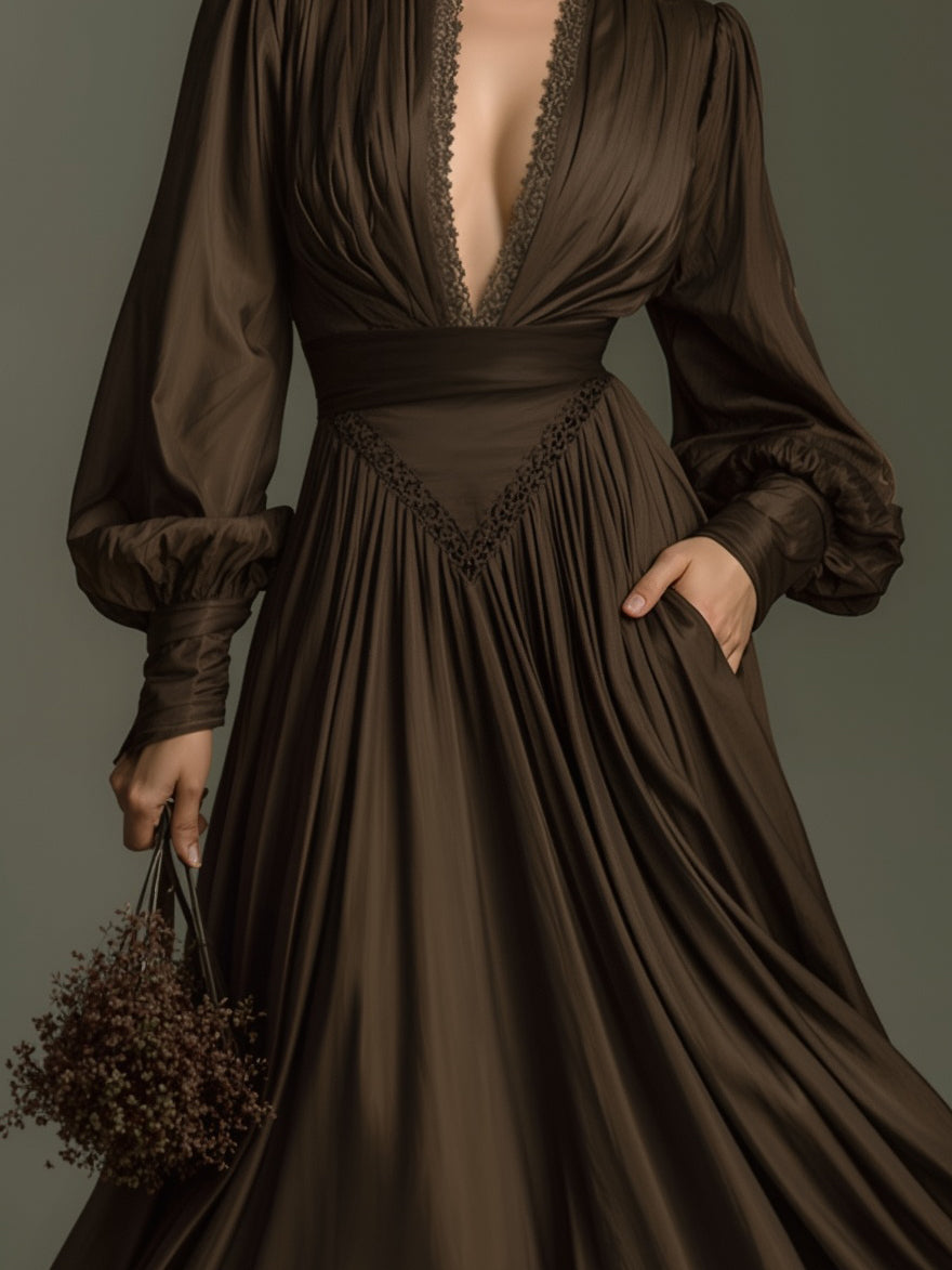 Women's Fashionable And Elegant Dark Brown Long-sleeved Lace Neckline Fitted Waist Dress MDA2542K7AN