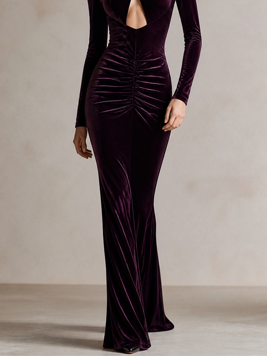 Women's Cutout Velvet Long Sleeve Maxi Evening Dress