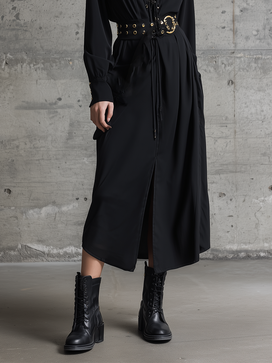 Women's Black Chiffon Tie-Waist Metal Buckle Slit Midi Dress MDA3040J7T