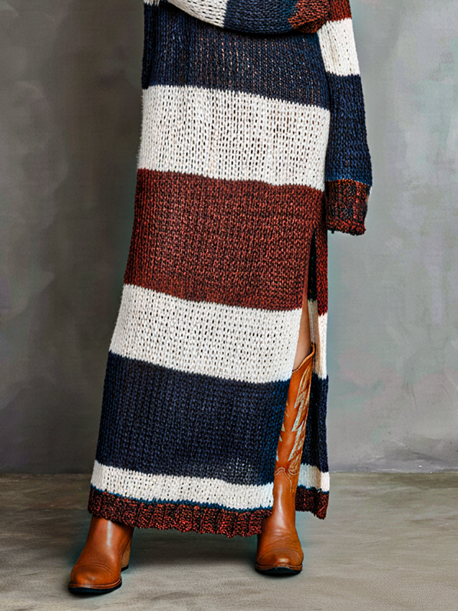 Women's Multicolor Ribbed Knit Tie-Waist Slit Sweater Maxi Dress MDA3088J5T