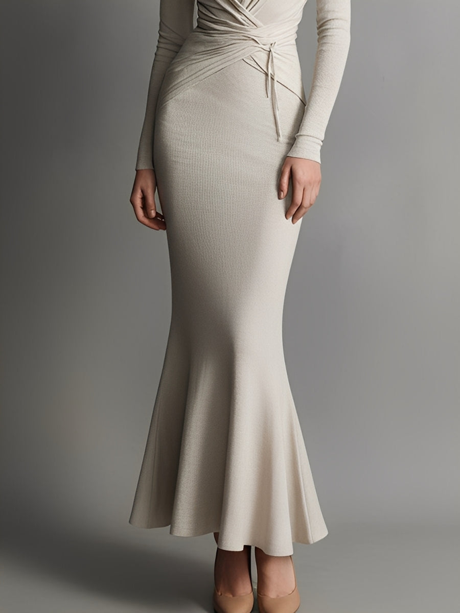 Women's Beige Polyester Blend Mermaid Dress With Draped Neck & Cinched Waist, Sophisticated Evening Dress MDA2453J6I