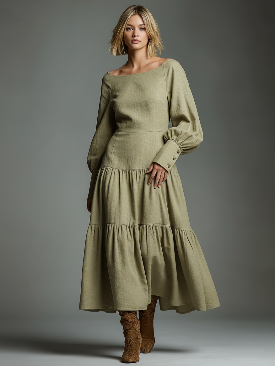 Women's Minimalist Cotton Linen Boat Neck Long-sleeved Maxi Dress MDA0823K6Y