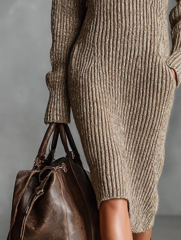 Women's Casual Mid-Length Sweater Dress With Adjustable Neckline And Zipper MDA0495K2AN