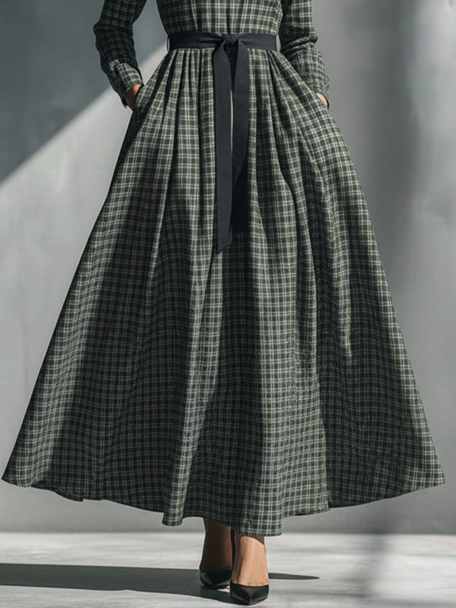 Women's Pea Green Cotton Blend Plaid Turtleneck Tie-waist Long Dress MDA0112L1T