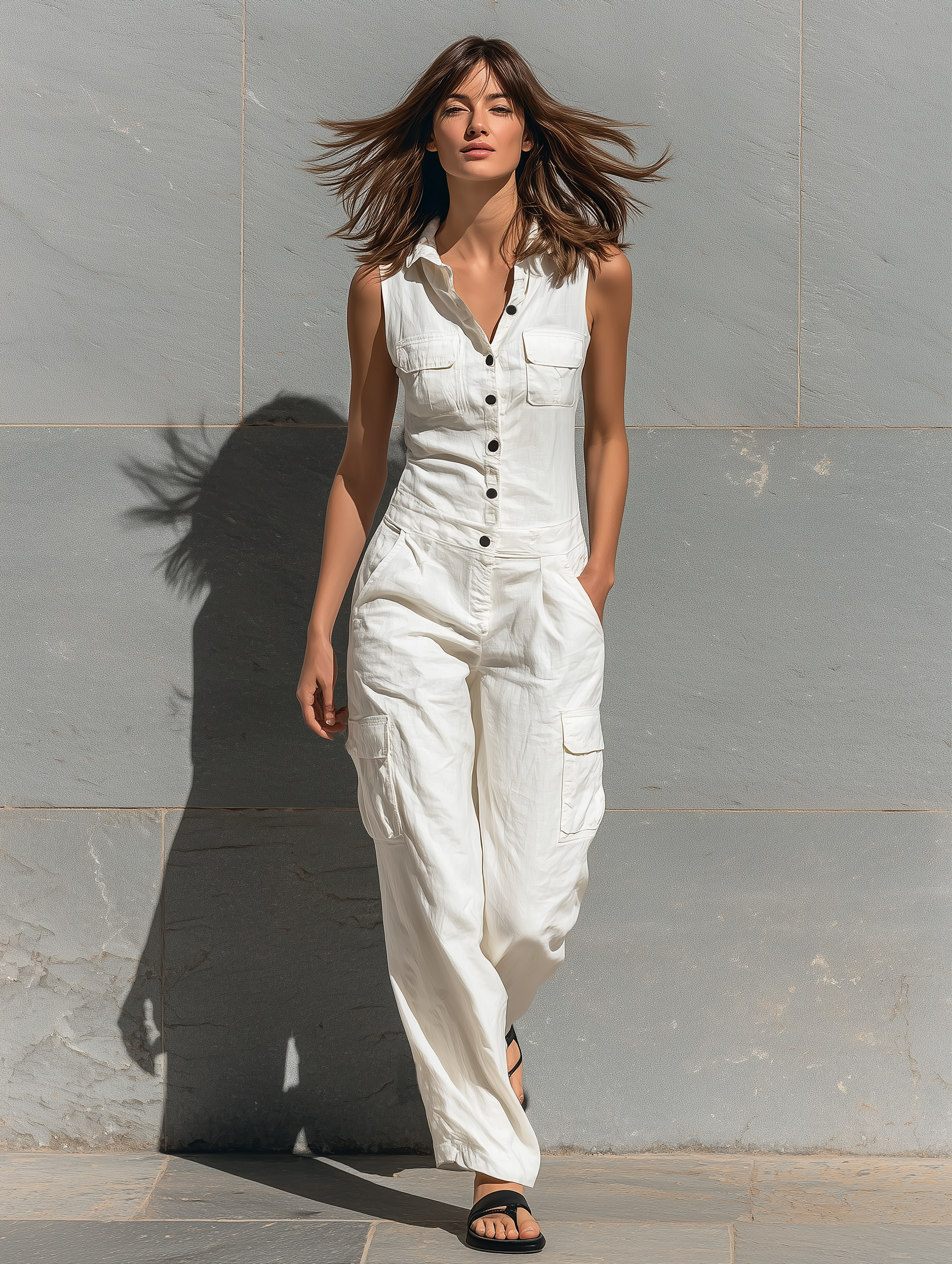 Women's Minimalist Cotton Blend Single-breasted Sleeveless Jumpsuit MDZ1304A4Y