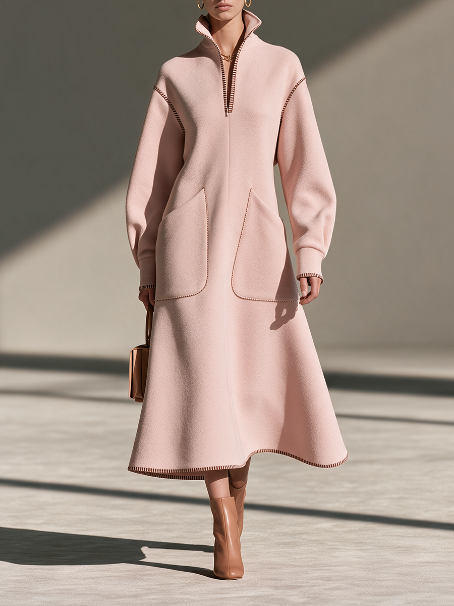 Women's Stand-Collar Contrast-Stitch Drop-Shoulder Long-Sleeve Patch-Pocket Wool Maxi Dress MDZ0351I7CMX