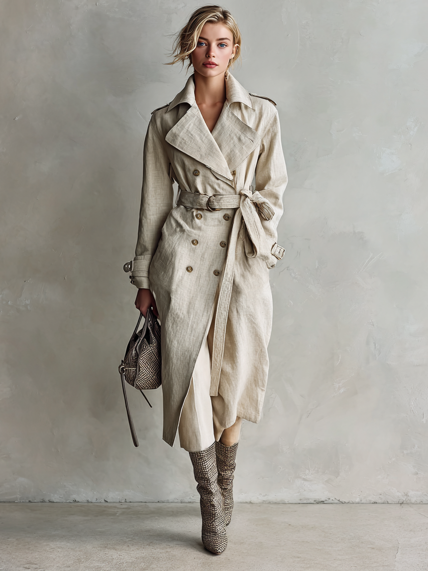 Women's Cotton And Linen Blend Double-breasted Belted Long Trench Coat MDA0956I5Y