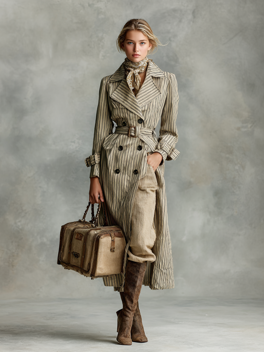 Women's Striped Lapel Double-Breasted Belted Long Trench Coat MDA2585H4Y