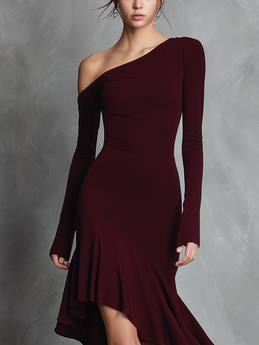Women's Burgundy Stretch Knit One-Shoulder Long-Sleeve Irregular Maxi Dress MDA0417K1T