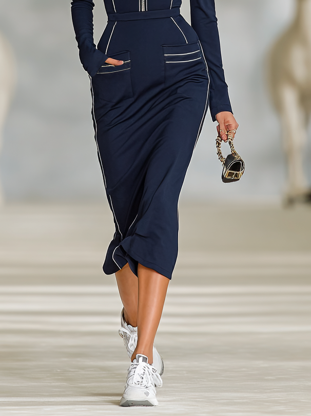 Women's Sports Tight Cotton Blend Zipper Neck Midi Dress MDA0156H4Y