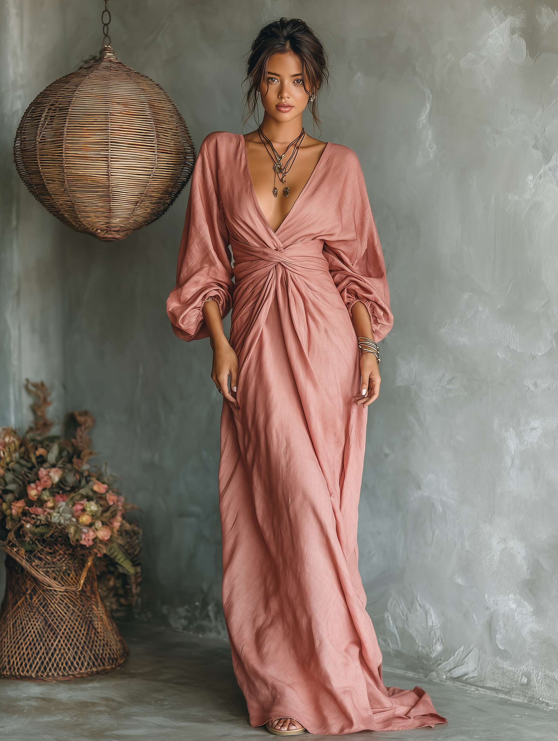 Women's Minimalist Linen Blend V-neck Maxi Dress MDA1695L4Y